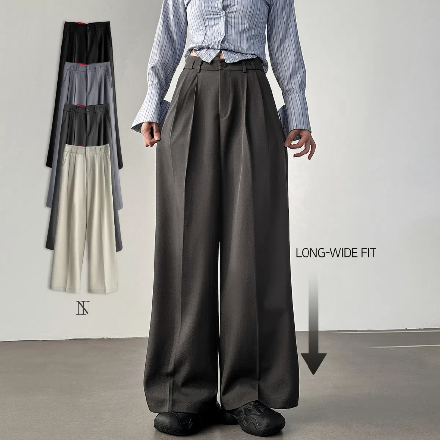 High-Waist Double Pintuck Long Wide Slacks