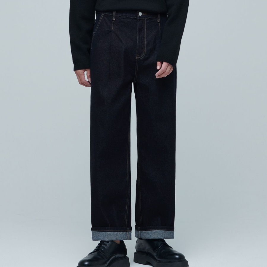 One Tuck Loose Tapered Denim Pants (Deep Indigo)