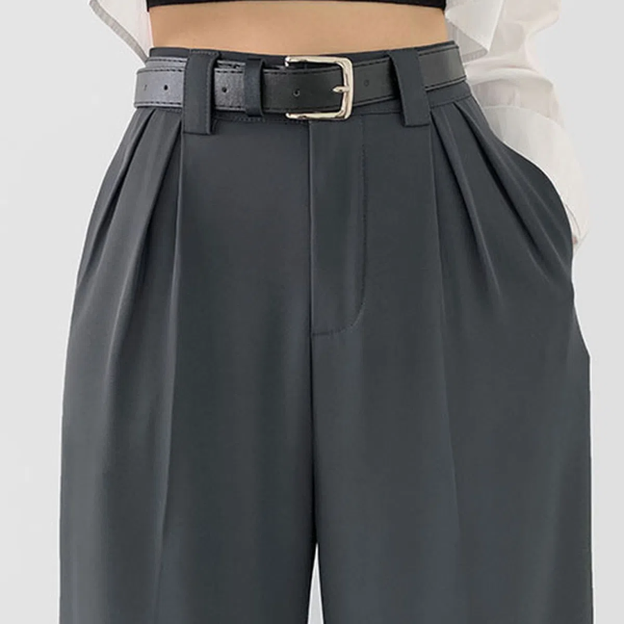 Two-Pintuck Perfect-Fit Belt-Set Wide Slacks