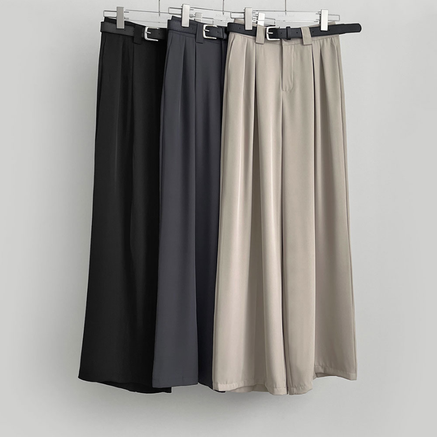 Two-Pintuck Perfect-Fit Belt-Set Wide Slacks