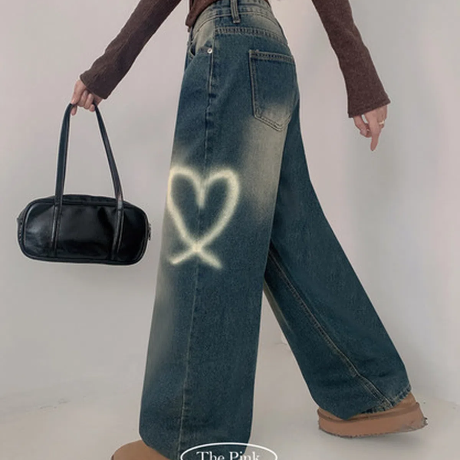 Женские джинсы Britt с высокой посадкой, винтажной варкой и принтом в виде сердец