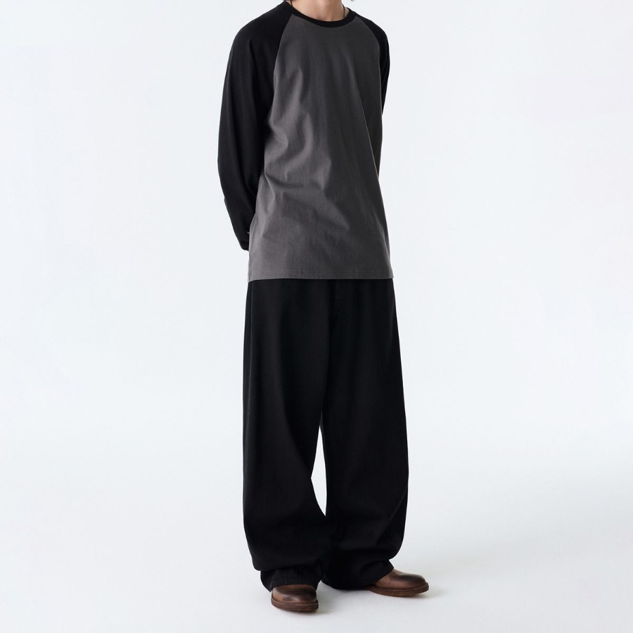 Linen-like Extra Wide Denim Pants [Black]