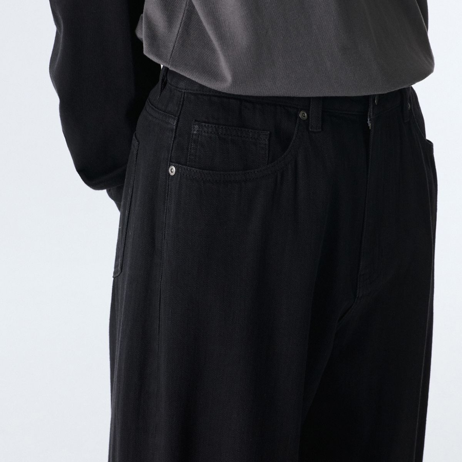 Linen-like Extra Wide Denim Pants [Black]