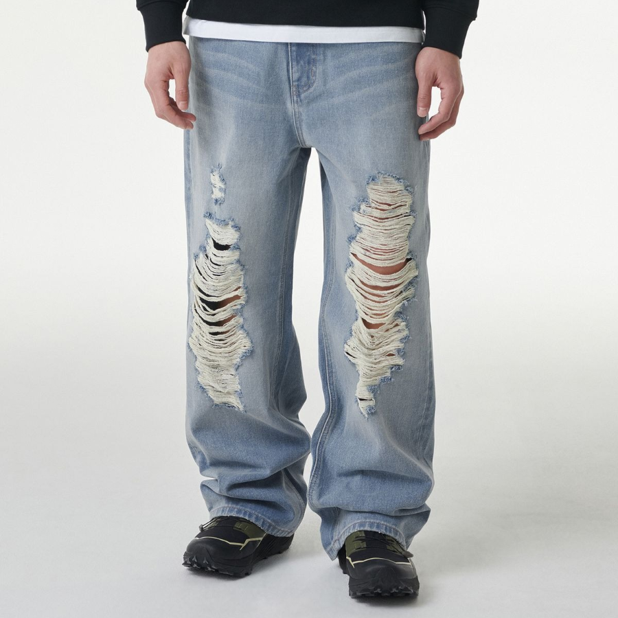 Front Destroyed Wide Denim Pants [Light Indigo]
