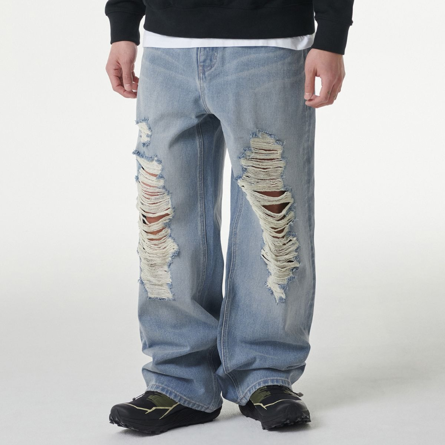 Front Destroyed Wide Denim Pants [Light Indigo]