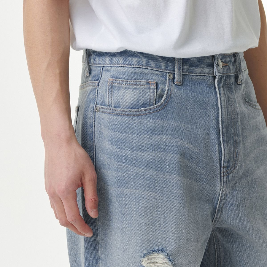Front Destroyed Wide Denim Pants [Light Indigo]