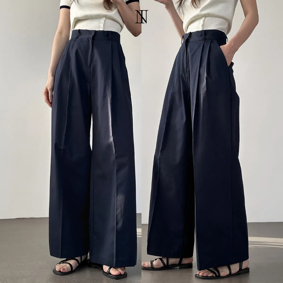 High-Waist Two-Pintuck Cotton Long Wide Slacks