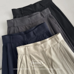 High-Waist Two-Pintuck Cotton Long Wide Slacks