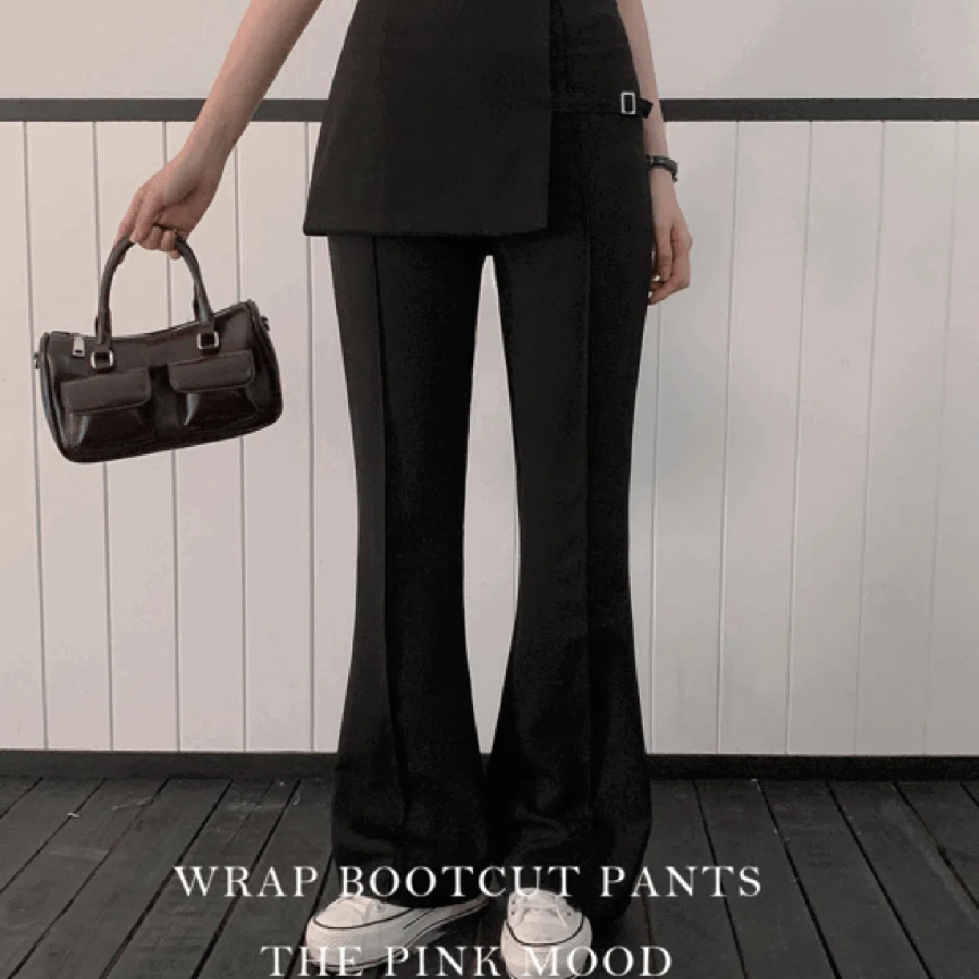 Hanna Buckle Belted Wrap Skirt Semi Bootcut Slacks