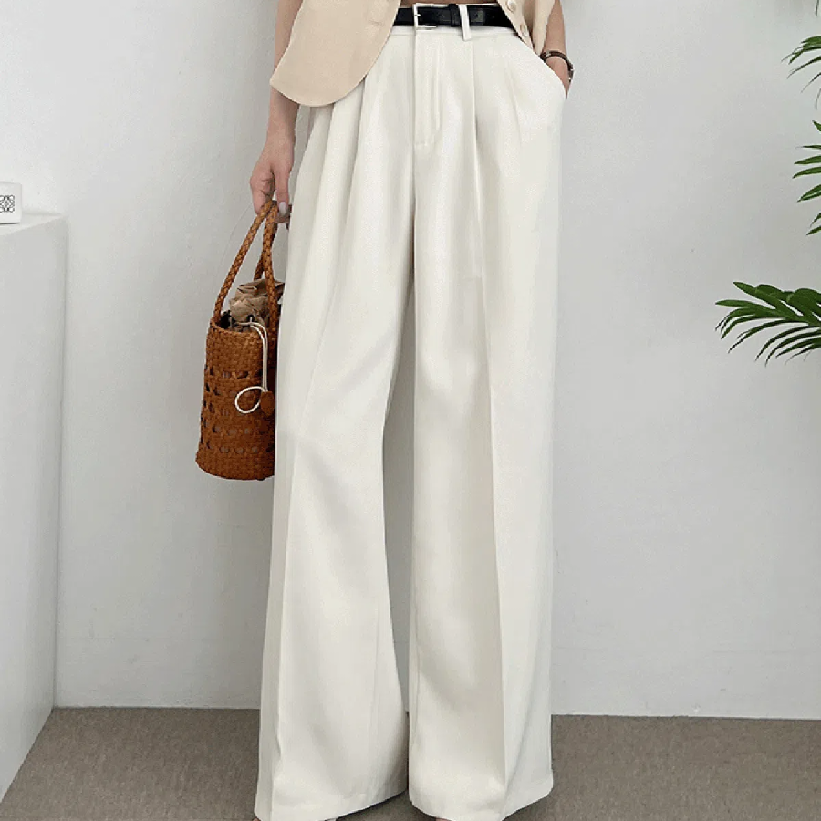 LALA Summer Chalang Belt Two-Pintuck Long Wide Slacks