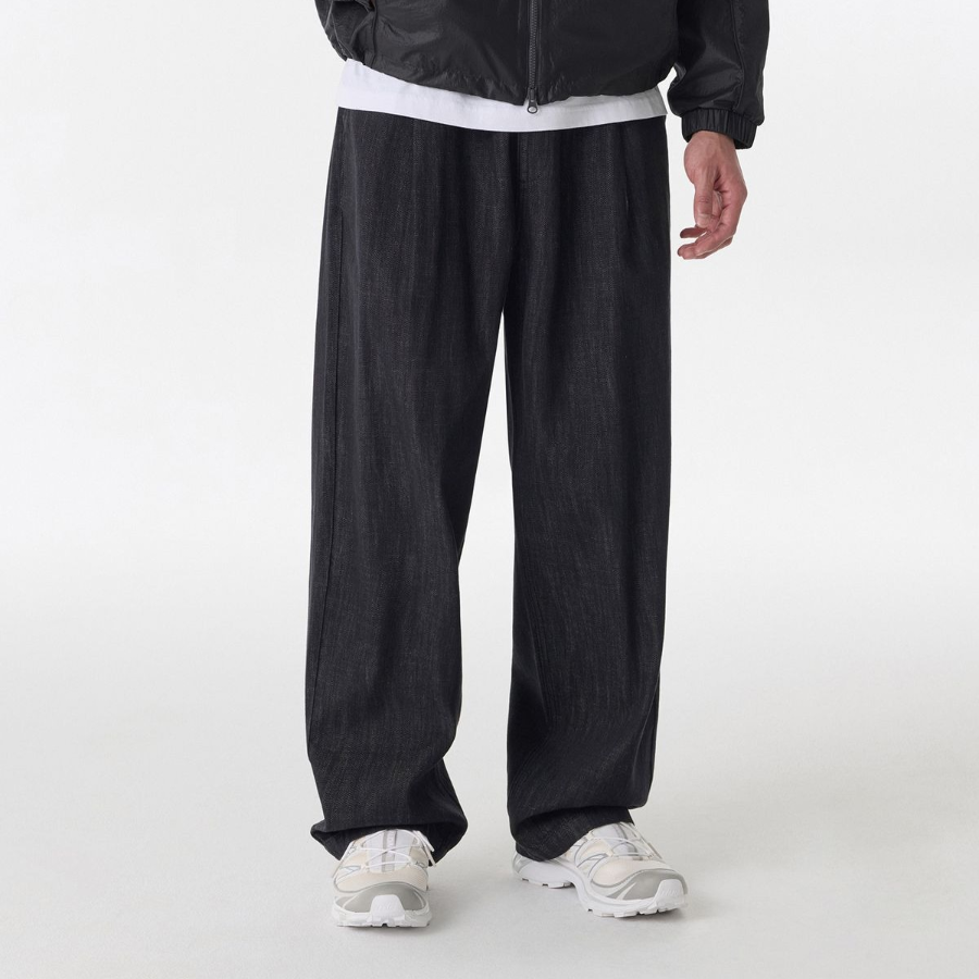 Linen-Like One-Tuck Wide Banding Denim Pants [Raw Black]