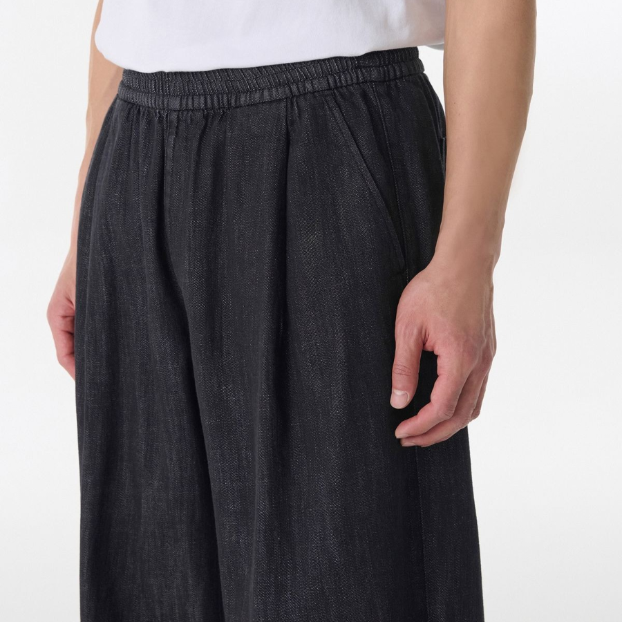Linen-Like One-Tuck Wide Banding Denim Pants [Raw Black]