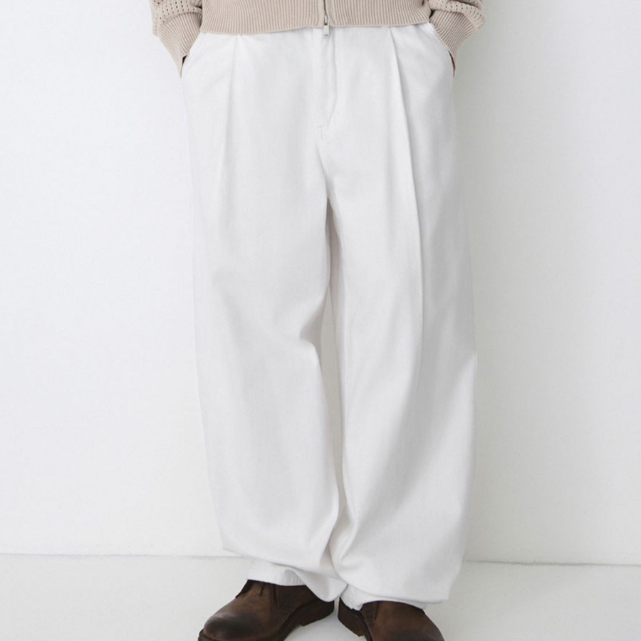 Linen-Like Semi Balloon Denim Pants [White]
