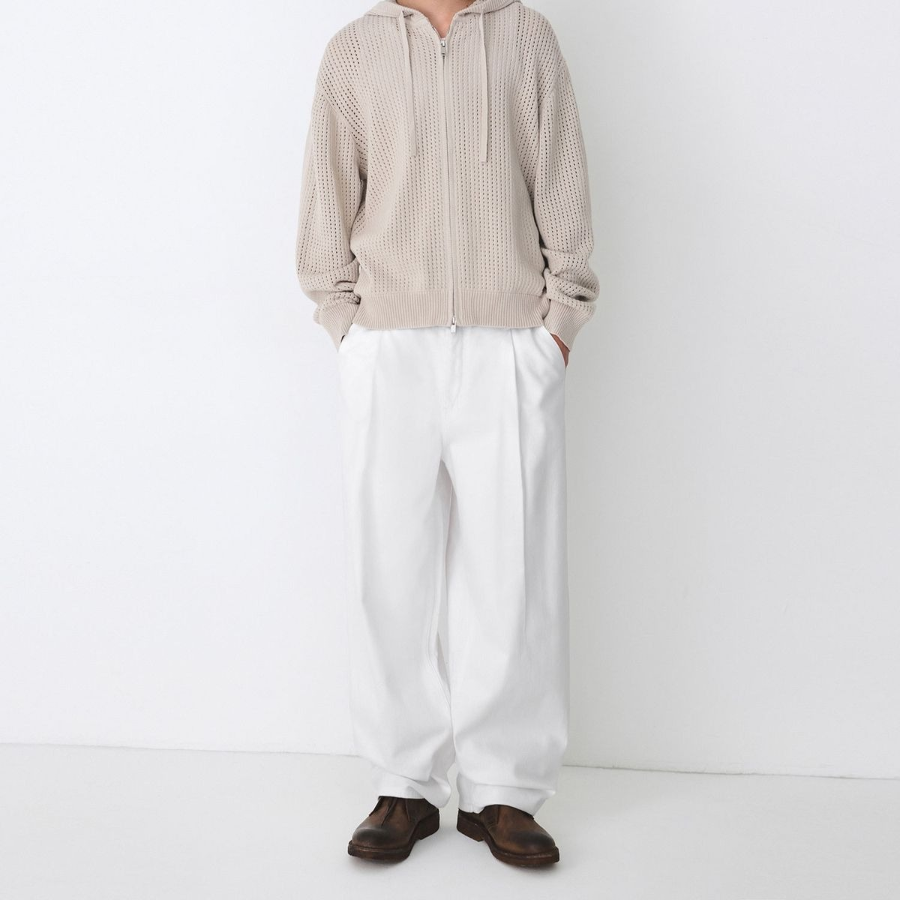 Linen-Like Semi Balloon Denim Pants [White]
