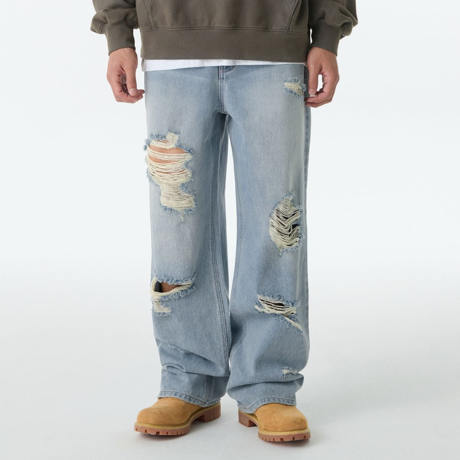 Multi-Destroyed Wide Denim Pants [Light Indigo]