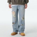 Multi-Destroyed Wide Denim Pants [Light Indigo]