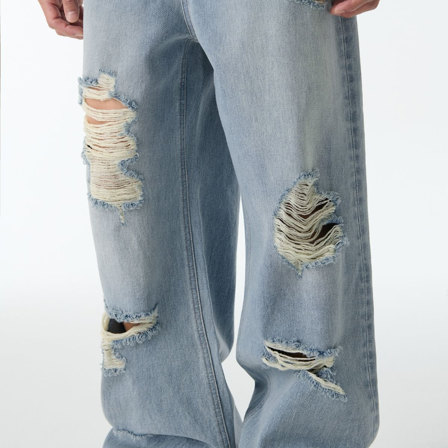 Multi-Destroyed Wide Denim Pants [Light Indigo]