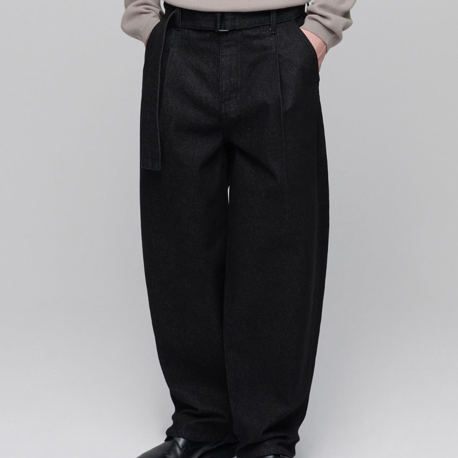 Belted Semi Balloon Denim Pants [Low Black]