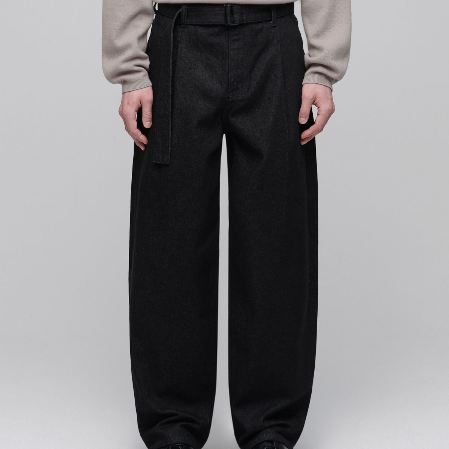 Belted Semi Balloon Denim Pants [Low Black]