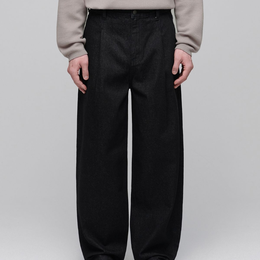 Belted Semi Balloon Denim Pants [Low Black]