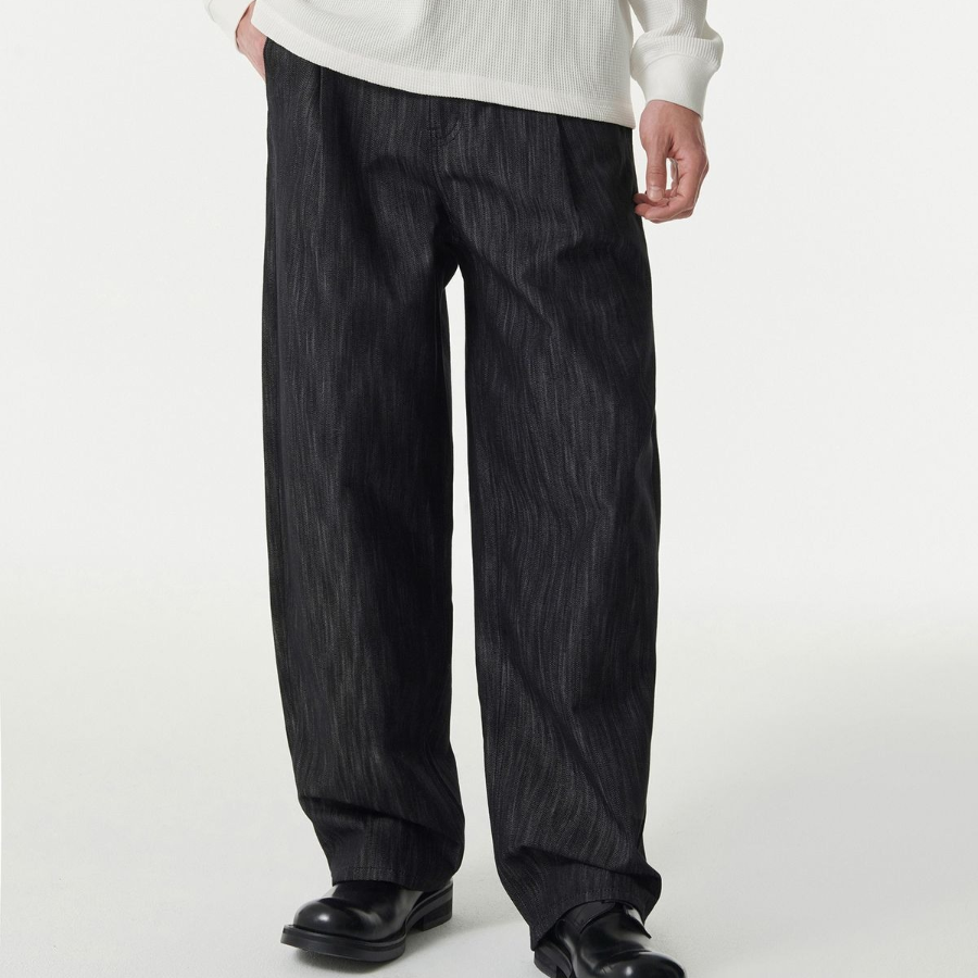 Vertical Slub Semi Balloon Denim Pants [Black]