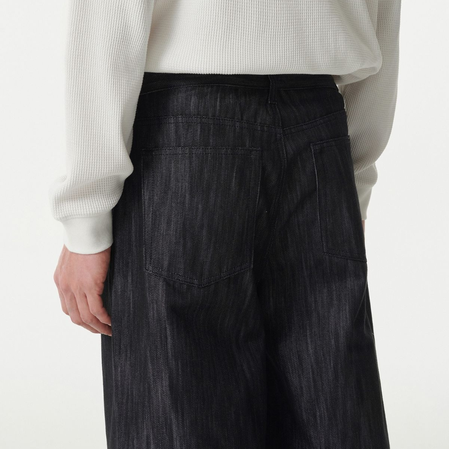 Vertical Slub Semi Balloon Denim Pants [Black]