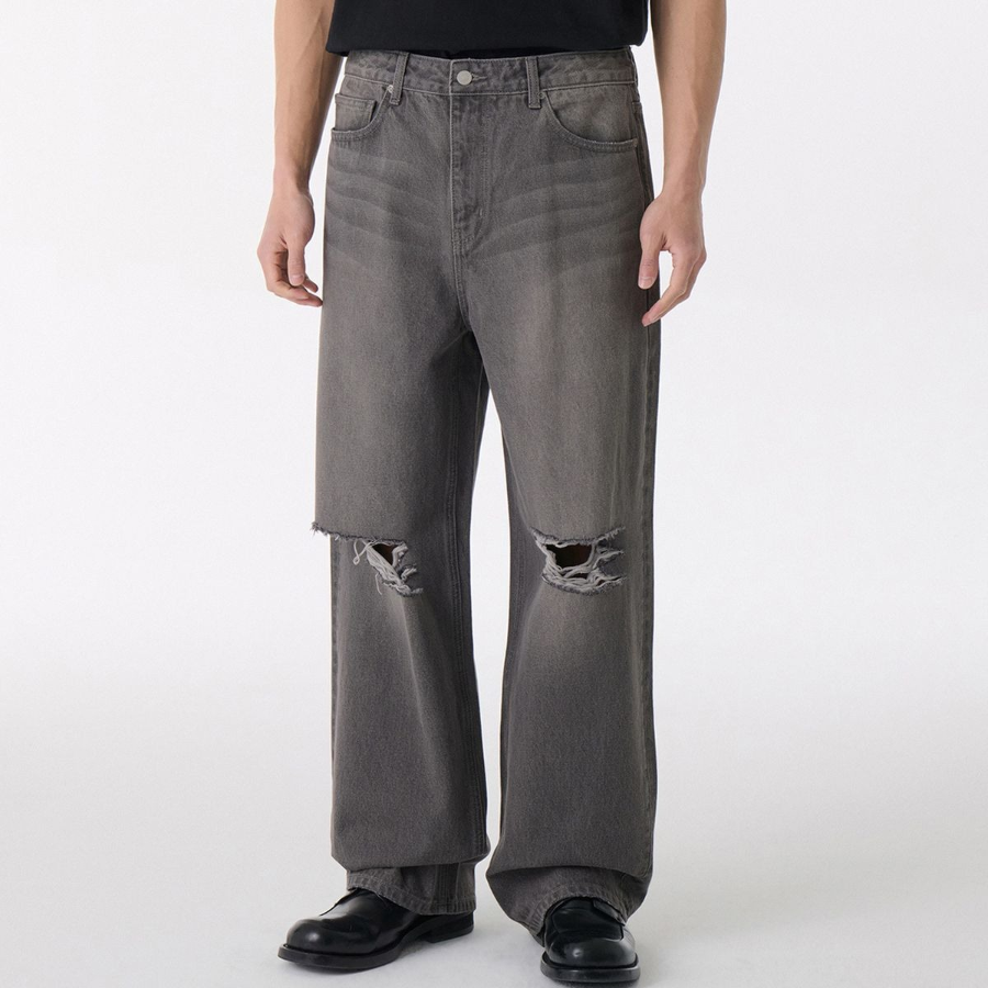 Distressed Knee Wide Denim Pants [Gray]