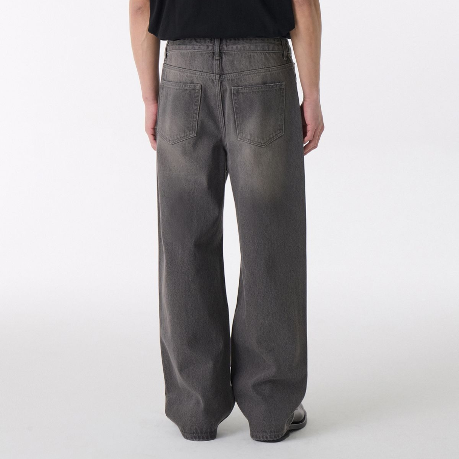 Distressed Knee Wide Denim Pants [Gray]