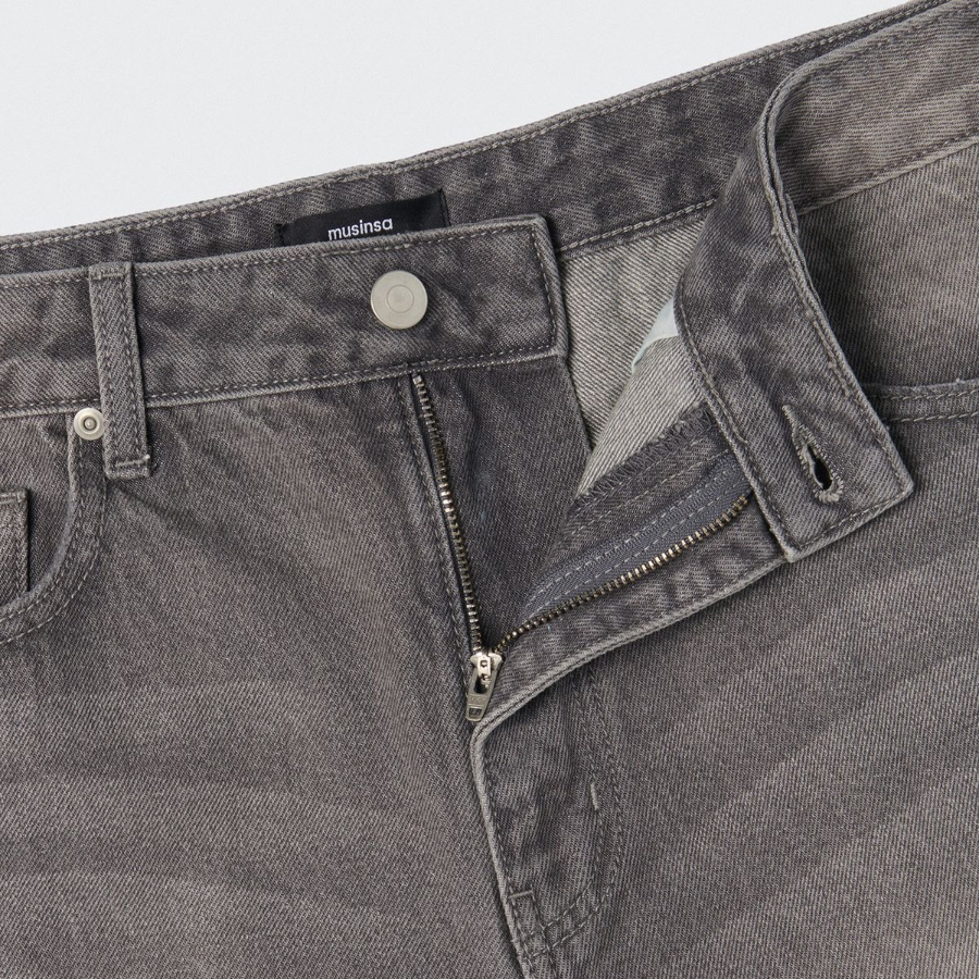 Distressed Knee Wide Denim Pants [Gray]