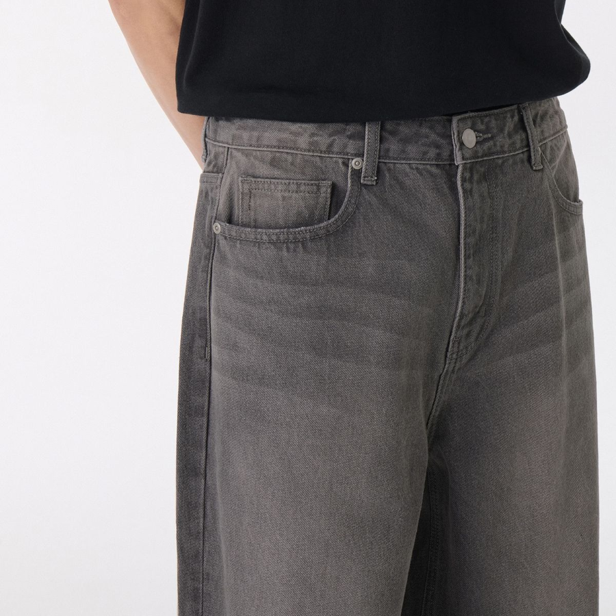 Distressed Knee Wide Denim Pants [Gray]