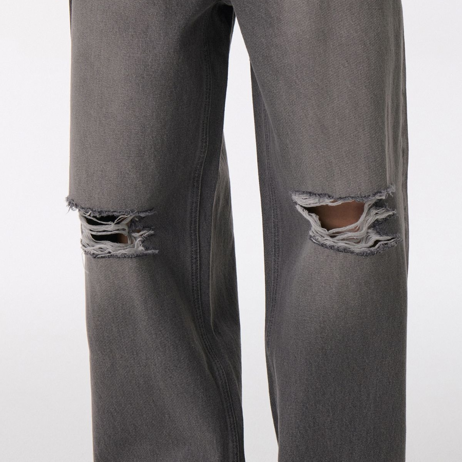 Distressed Knee Wide Denim Pants [Gray]