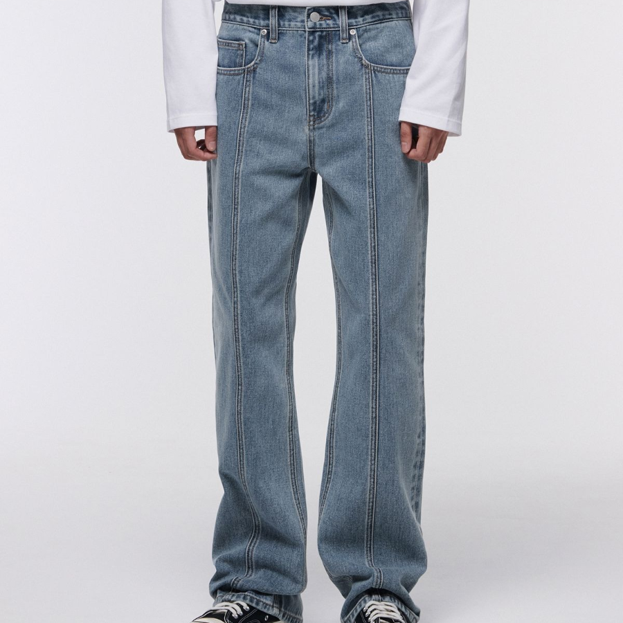 Straight Paneled Back Slit Denim Pants [Light Indigo]