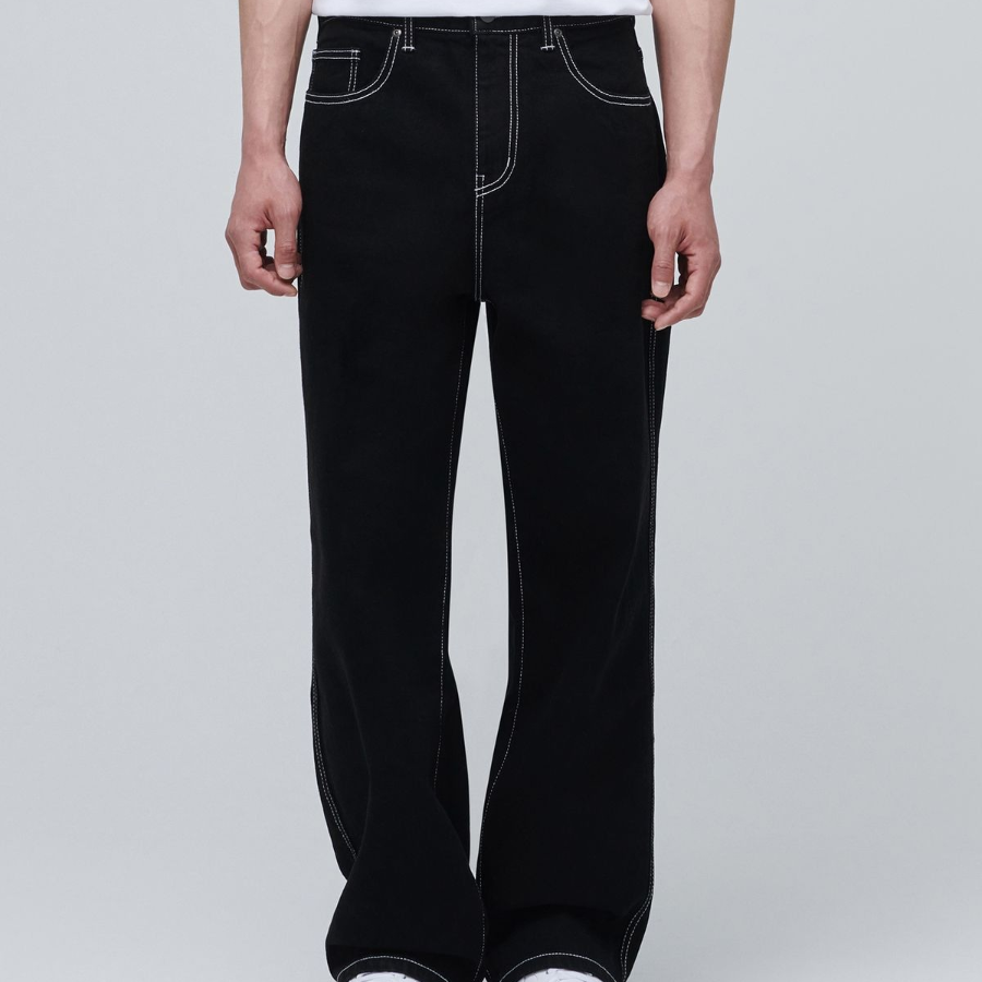 Contrast Stitch Regular Fit Denim Pants [Black]
