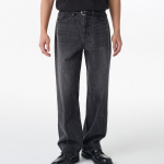 Crease Washed Loose Straight Denim Pants [Washed Black]