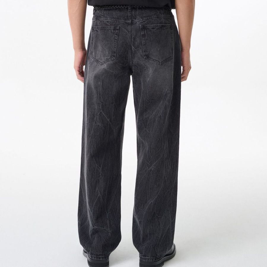 Crease Washed Loose Straight Denim Pants [Washed Black]