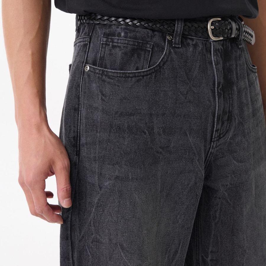 Crease Washed Loose Straight Denim Pants [Washed Black]