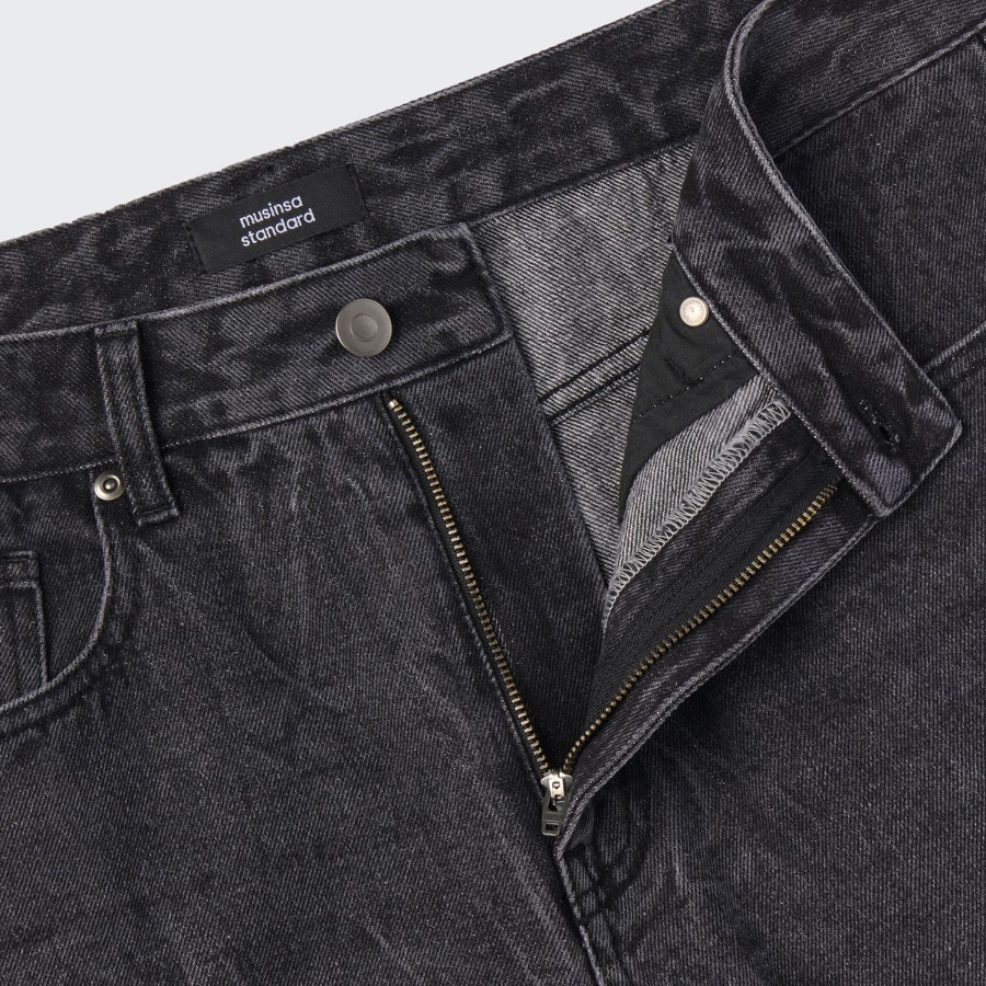 Crease Washed Loose Straight Denim Pants [Washed Black]