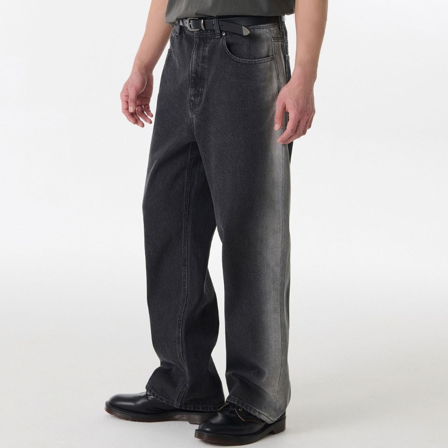 Side Brush Wide Denim Pants [Black]