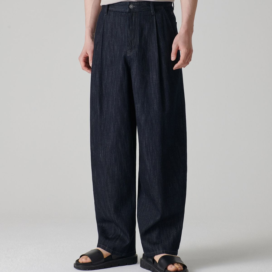 Linen-Like Semi-Balloon Denim Pants [Deep Indigo]