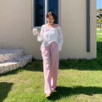 Женские прямые брюки с поясом на резинке из лёгкой ткани