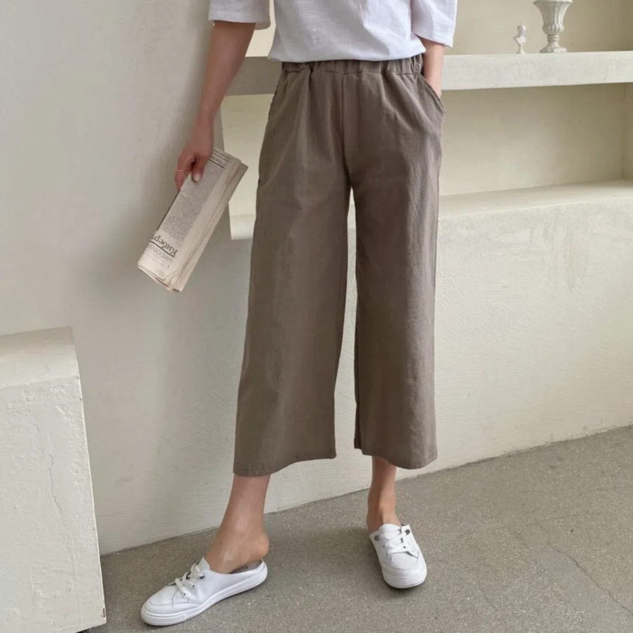 Ma Linen Wide Straight Solid Banding Women's Pants