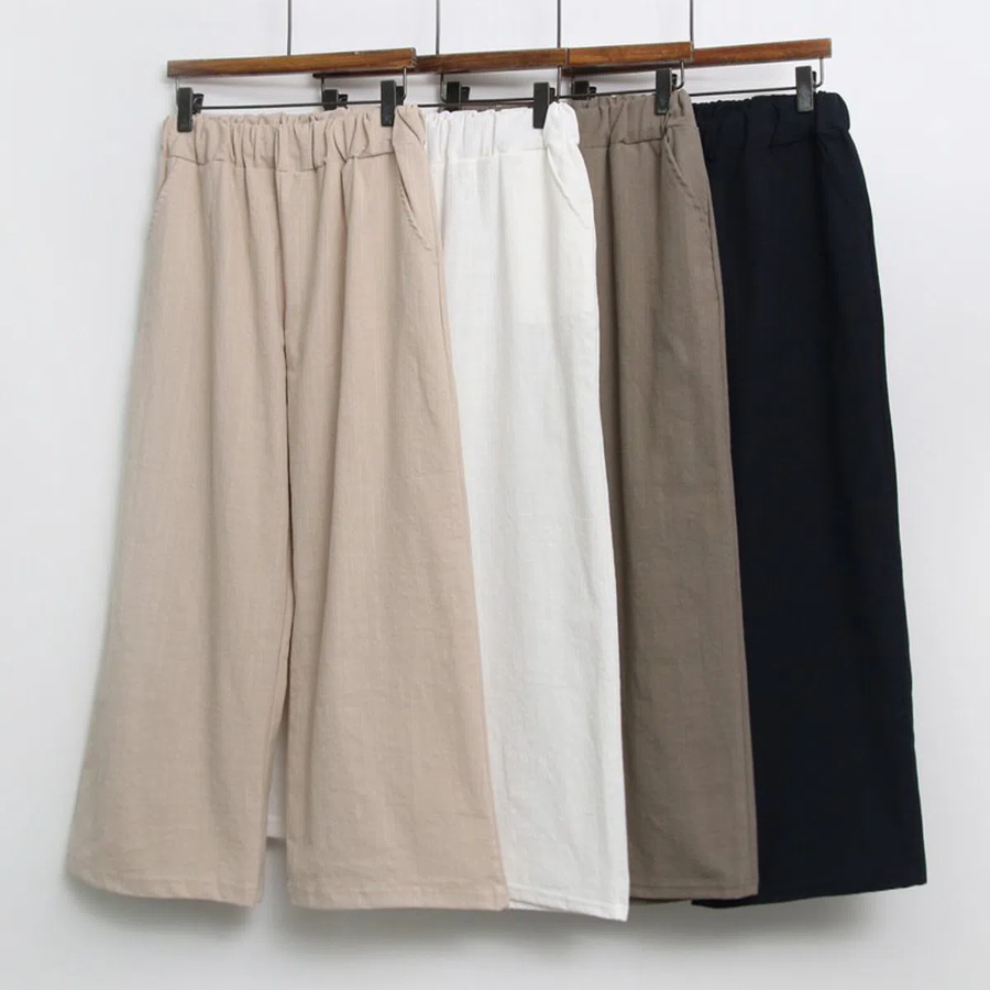 Ma Linen Wide Straight Solid Banding Women's Pants
