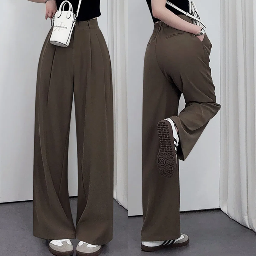 Женские широкие брюки с двумя защипами, потайной застёжкой и эластичной спинкой пояса