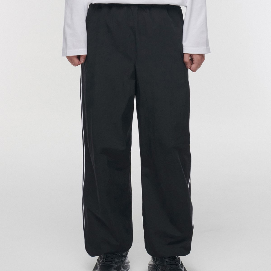 Piping Line Wide Track Pants [Black]