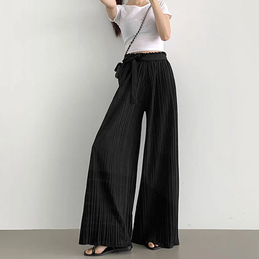 Плиссированные макси брюки с бантом и поясом на резинке