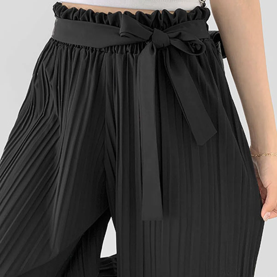 Плиссированные макси брюки с бантом и поясом на резинке