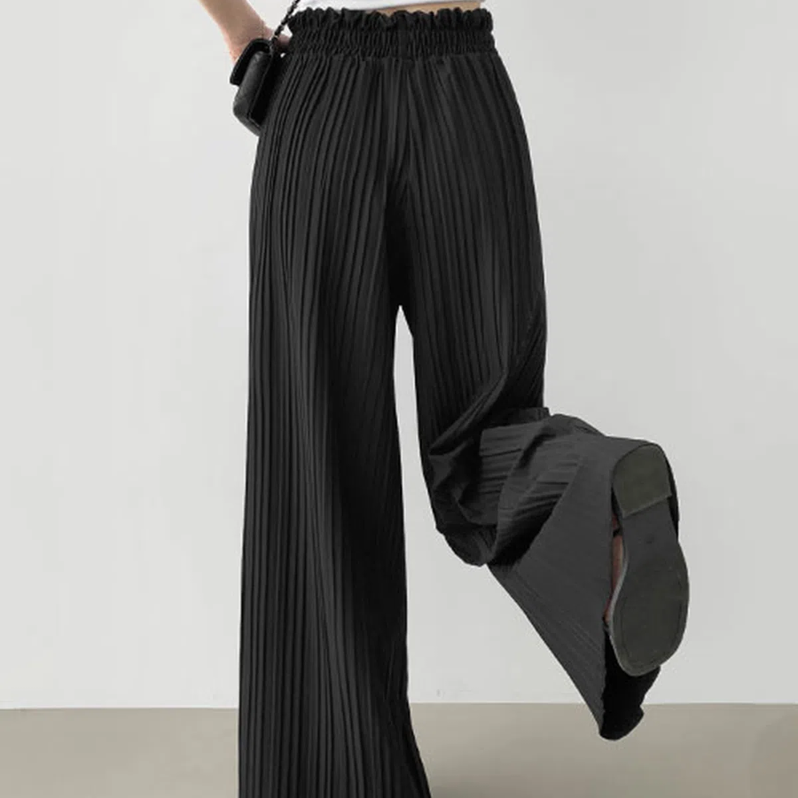 Плиссированные макси брюки с бантом и поясом на резинке