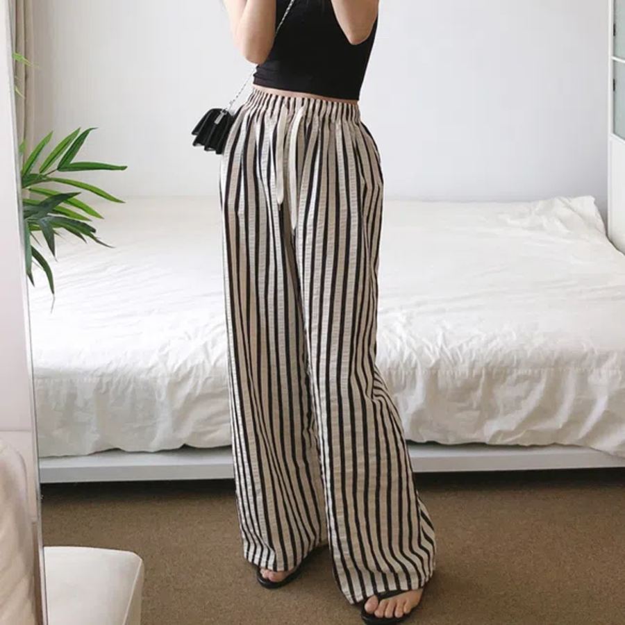 Лёгкие полосатые брюки из жатой ткани Gingham Stripe Wide Pants
