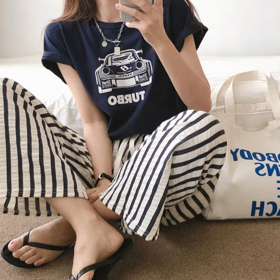 Лёгкие полосатые брюки из жатой ткани Gingham Stripe Wide Pants