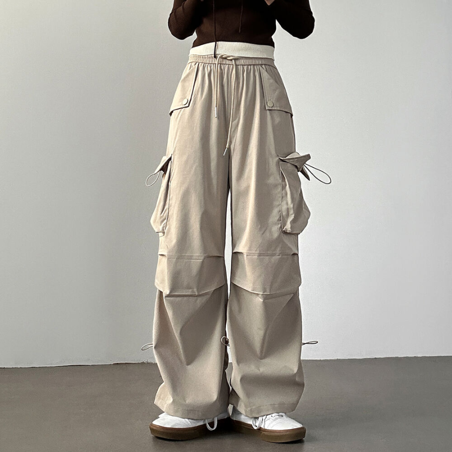 Широкие карго-брюки с защипами и шнурками Nylon Shirring String Cargo Wide Pants